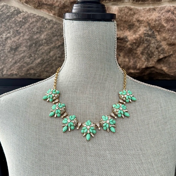 J. Crew Jewelry - J Crew Teal and Crystal Cluster Flower Necklace